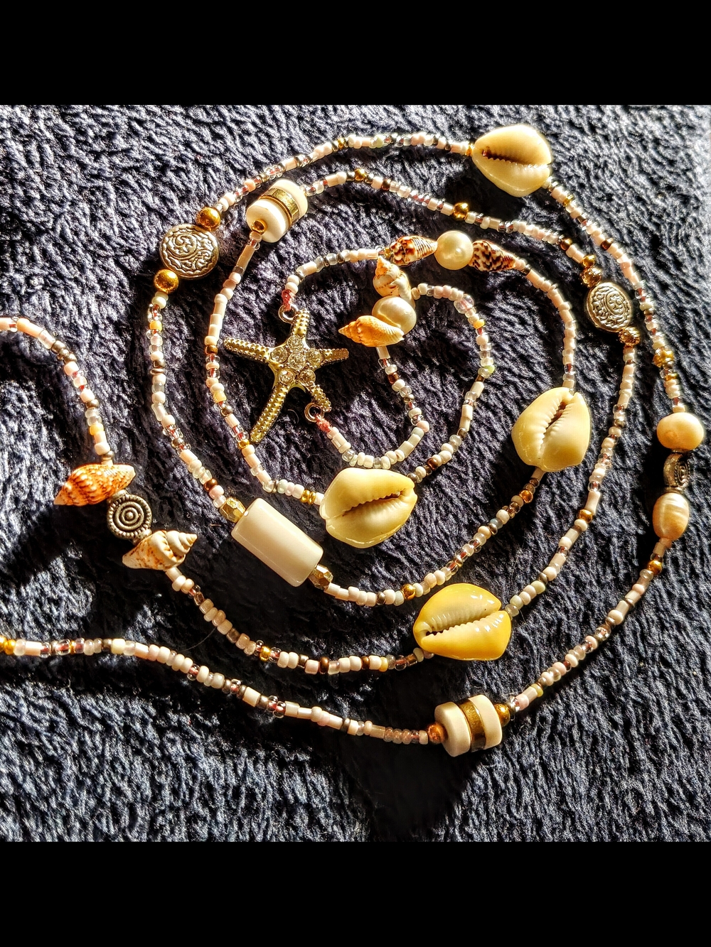 Handmade Gold and Cream Shell Waist Bead Body Jewelry In 50 Inches Star Charm